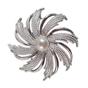 Vintage Signed Sarah Coventry Silver Swirl Brooch Pin Faux Pearl 2.3"
